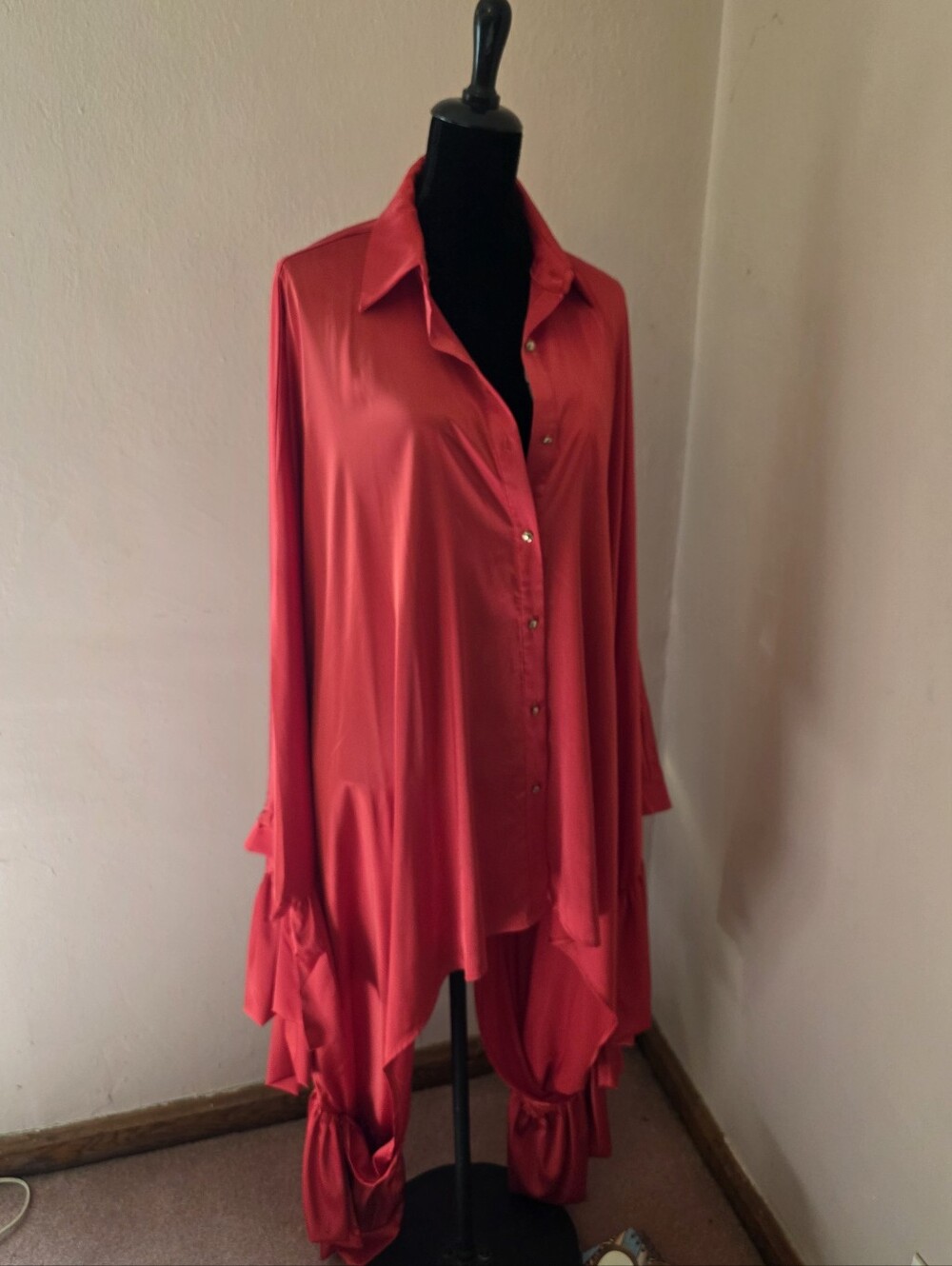 AKIRA Vibrant Red Satin Button-Down Tunic